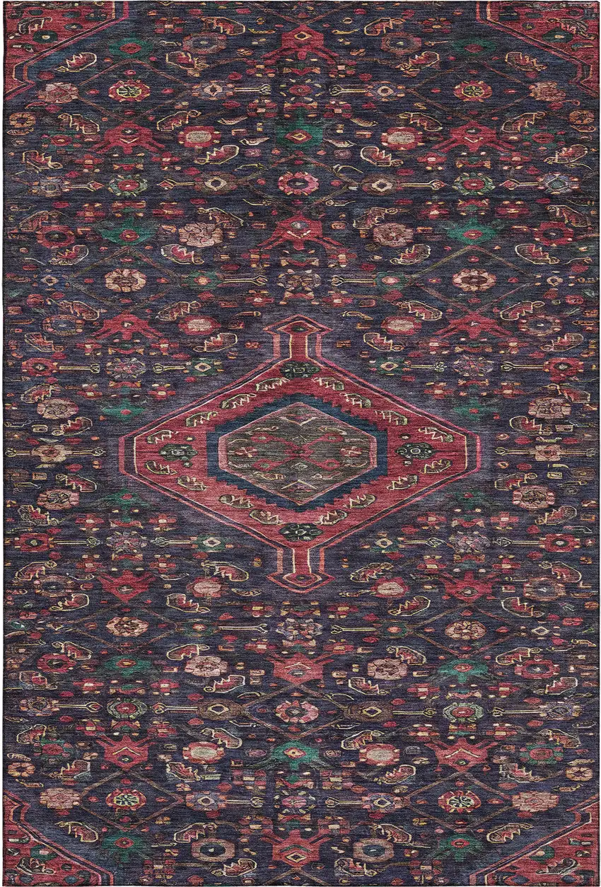 8' Navy Blue Teal And Blush Floral Washable Area Rug With UV Protection Photo 1