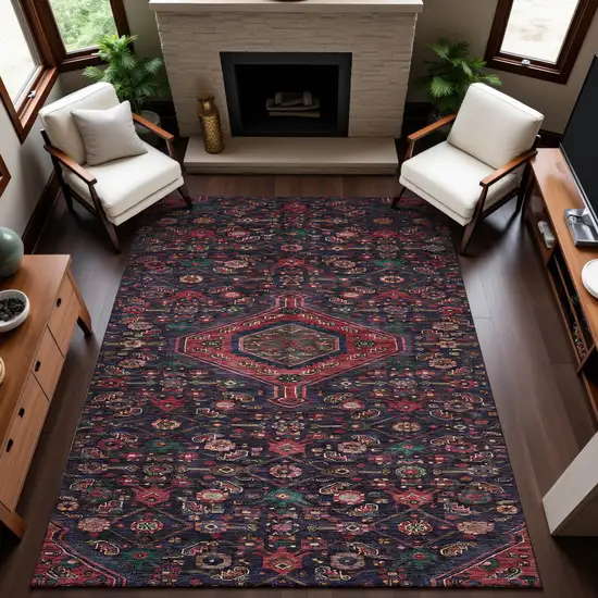 8' Navy Blue Teal And Blush Floral Washable Area Rug With UV Protection Photo 5