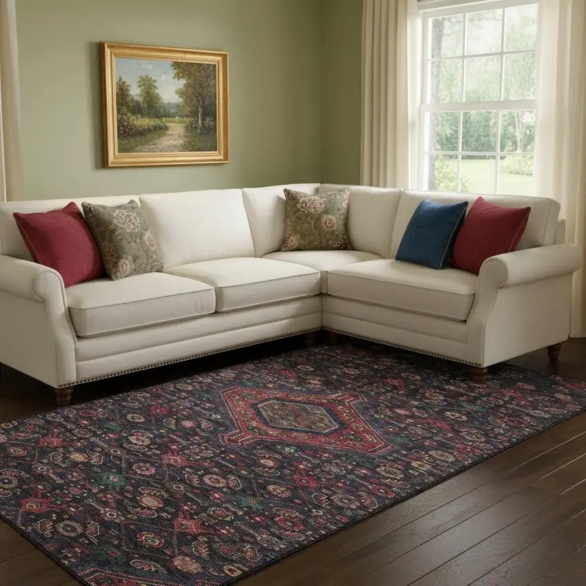 8' Navy Blue Teal And Blush Floral Washable Area Rug With UV Protection Photo 2