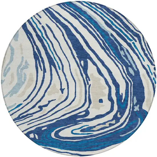 8' Navy Blue Teal Blue And Ivory Round Abstract Washable Indoor Outdoor Area Rug Photo 2