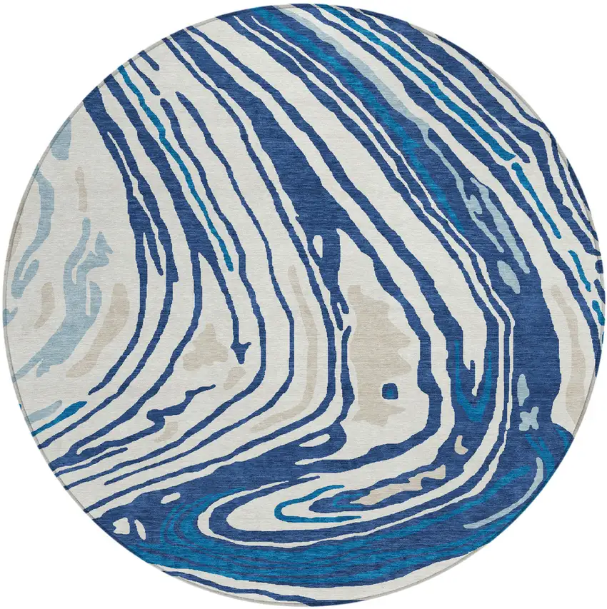 8' Navy Blue Teal Blue And Ivory Round Abstract Washable Indoor Outdoor Area Rug Photo 2