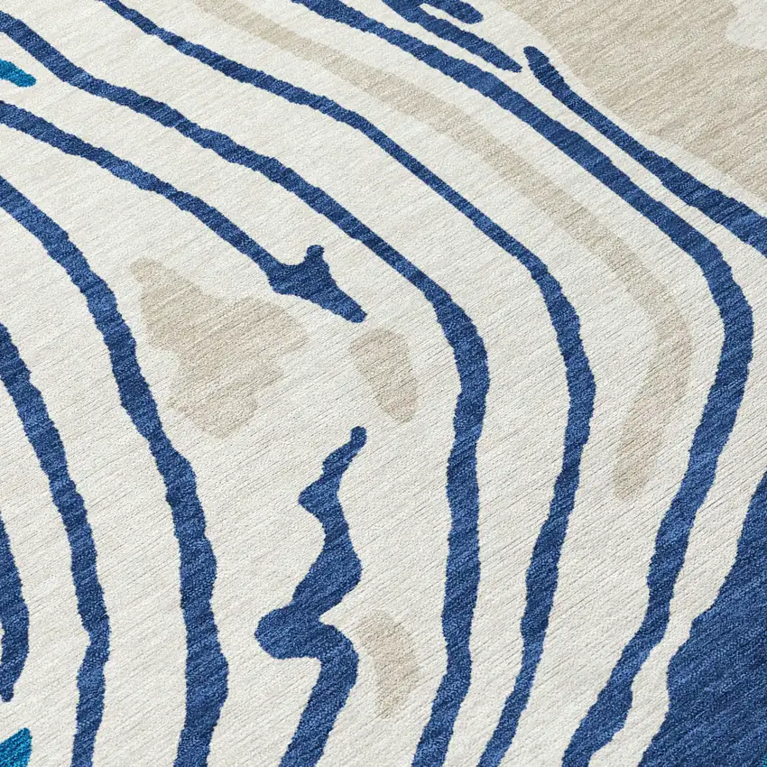 8' Navy Blue Teal Blue And Ivory Round Abstract Washable Indoor Outdoor Area Rug Photo 5