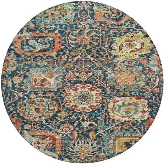 8' Navy Blue Terra Cotta And Beige Round Damask Washable Indoor Outdoor Area Rug Photo 2