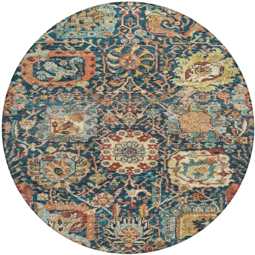 8' Navy Blue Terra Cotta And Beige Round Damask Washable Indoor Outdoor Area Rug Photo 2