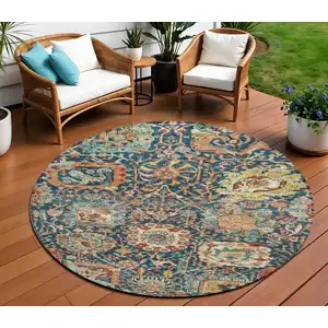 Photo of 8' Navy Blue Terra Cotta And Beige Round Damask Washable Indoor Outdoor Area Rug