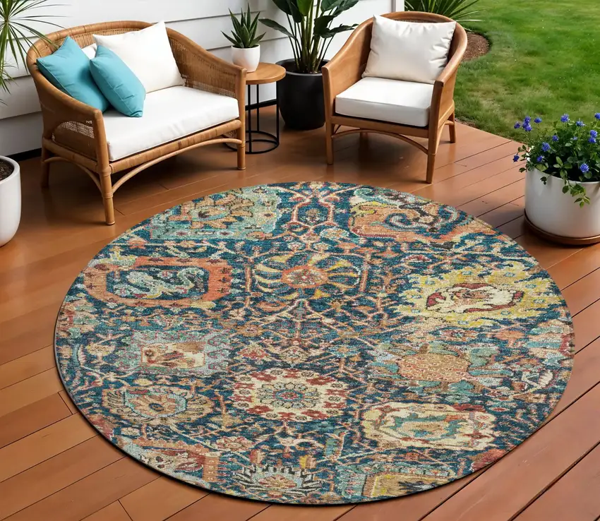 8' Navy Blue Terra Cotta And Beige Round Damask Washable Indoor Outdoor Area Rug Photo 9