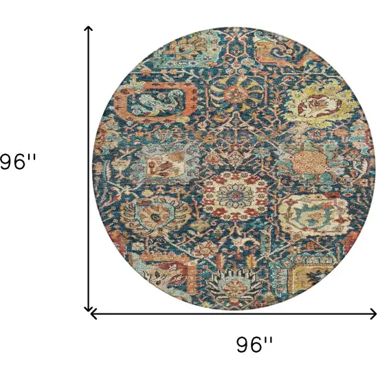 8' Navy Blue Terra Cotta And Beige Round Damask Washable Indoor Outdoor Area Rug Photo 9