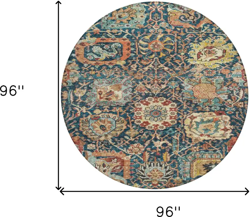 8' Navy Blue Terra Cotta And Beige Round Damask Washable Indoor Outdoor Area Rug Photo 9