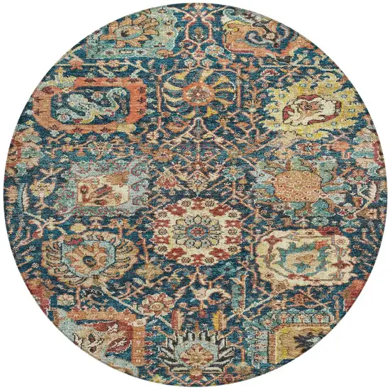 8' Navy Blue Terra Cotta And Beige Round Damask Washable Indoor Outdoor Area Rug Photo 7