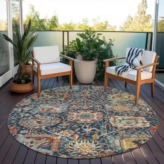 8' Navy Blue Terra Cotta And Beige Round Damask Washable Indoor Outdoor Area Rug Photo 8