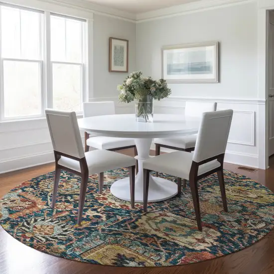 8' Navy Blue Terra Cotta And Beige Round Damask Washable Indoor Outdoor Area Rug Photo 9