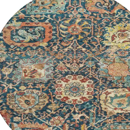 8' Navy Blue Terra Cotta And Beige Round Damask Washable Indoor Outdoor Area Rug Photo 6