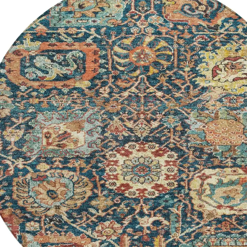 8' Navy Blue Terra Cotta And Beige Round Damask Washable Indoor Outdoor Area Rug Photo 6