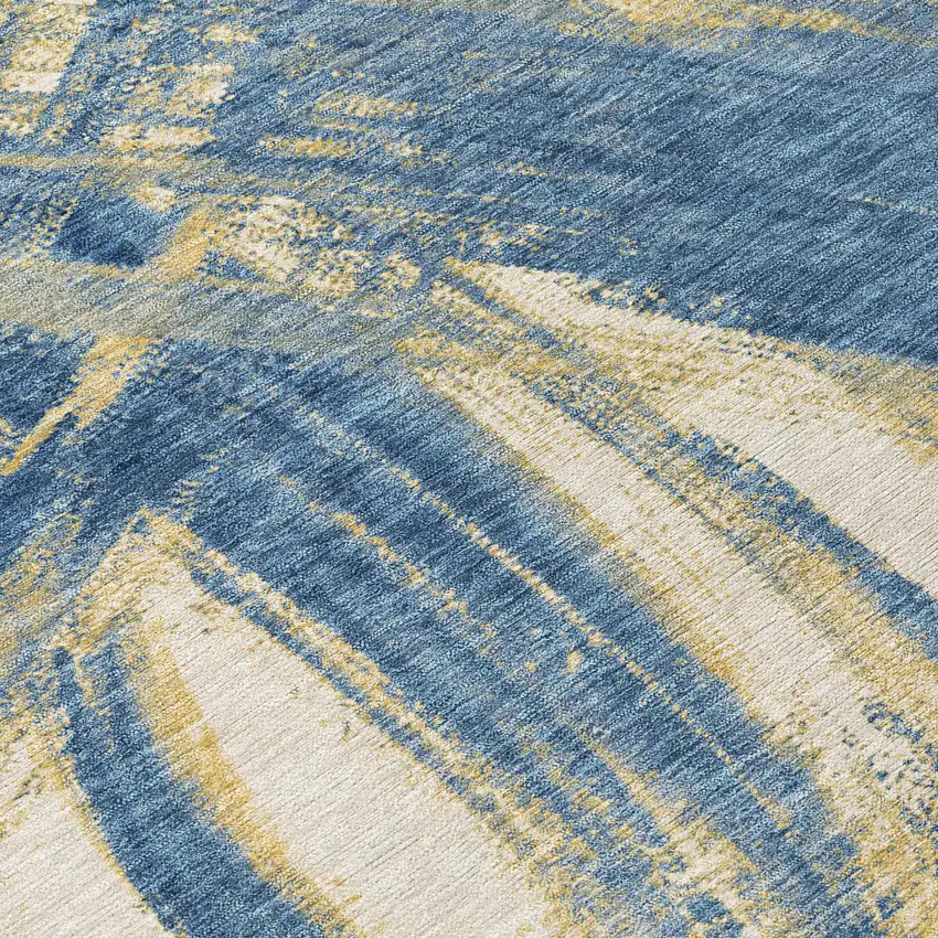 8' Navy Blue Wheat And Ivory Round Abstract Washable Indoor Outdoor Area Rug Photo 9