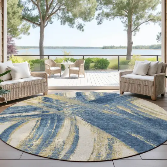 8' Navy Blue Wheat And Ivory Round Abstract Washable Indoor Outdoor Area Rug Photo 4