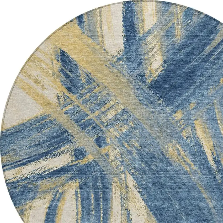 8' Navy Blue Wheat And Ivory Round Abstract Washable Indoor Outdoor Area Rug Photo 2