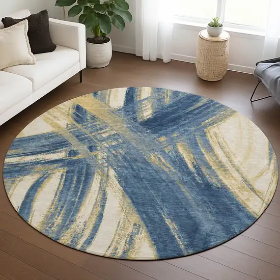 8' Navy Blue Wheat And Ivory Round Abstract Washable Indoor Outdoor Area Rug Photo 5