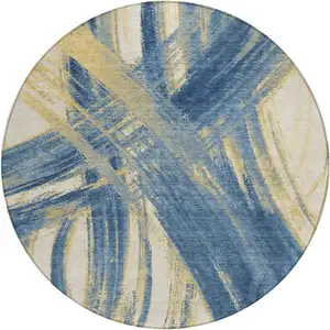 Photo of 8' Navy Blue Wheat And Ivory Round Abstract Washable Indoor Outdoor Area Rug