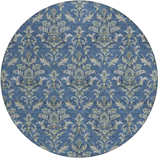 8' Navy Blue Wheat And Ivory Round Damask Washable Indoor Outdoor Area Rug Photo 2