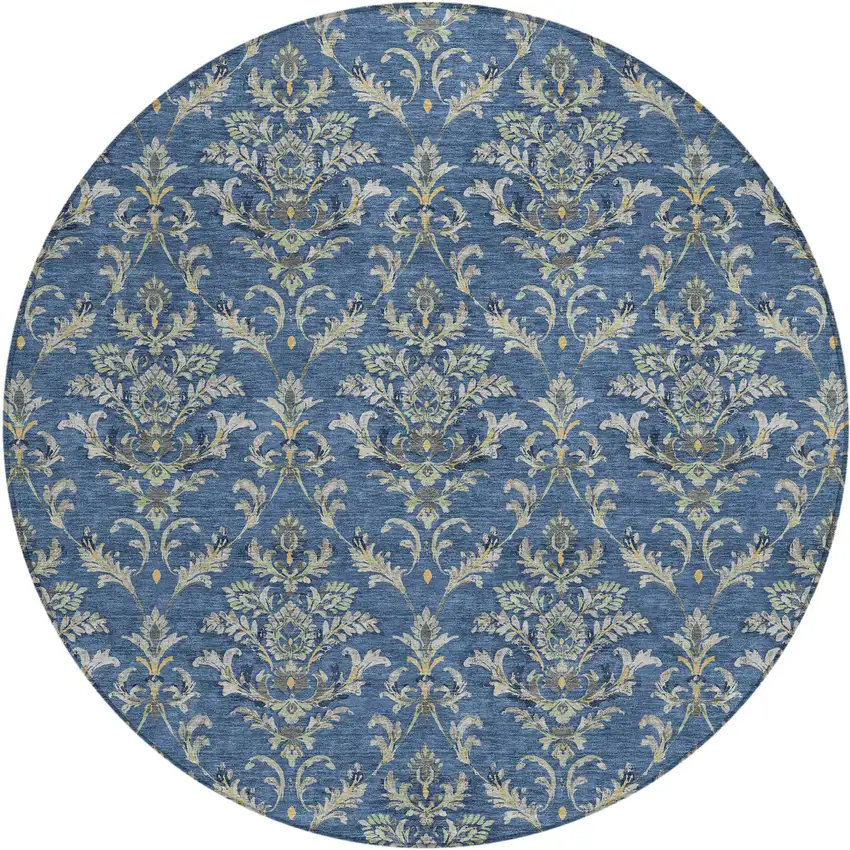 8' Navy Blue Wheat And Ivory Round Damask Washable Indoor Outdoor Area Rug Photo 2