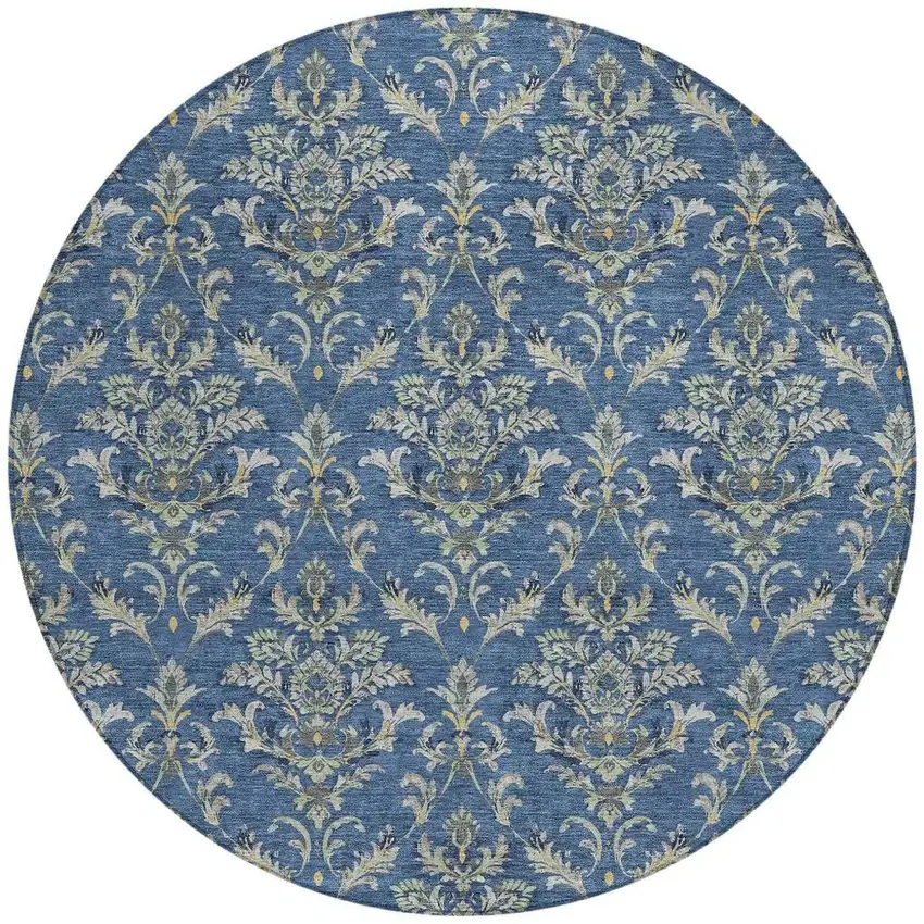 8' Navy Blue Wheat And Ivory Round Damask Washable Indoor Outdoor Area Rug Photo 4