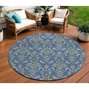 Photo of 8' Navy Blue Wheat And Ivory Round Damask Washable Indoor Outdoor Area Rug