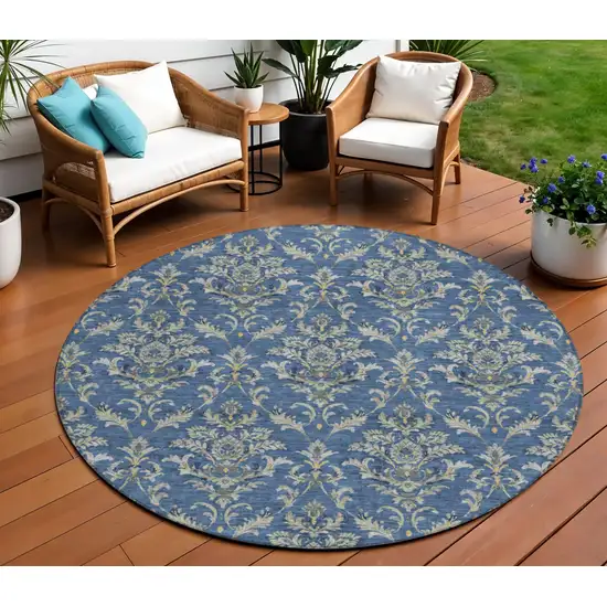 8' Navy Blue Wheat And Ivory Round Damask Washable Indoor Outdoor Area Rug Photo 1