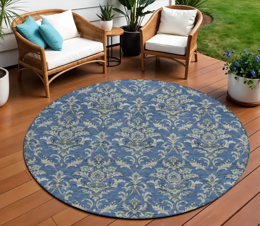 8' Navy Blue Wheat And Ivory Round Damask Washable Indoor Outdoor Area Rug Photo 1