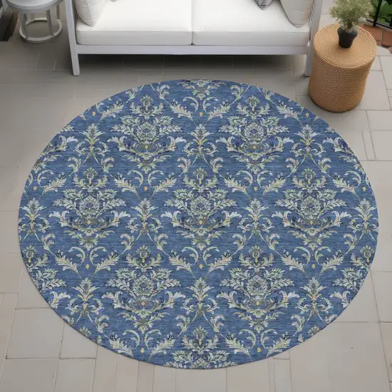 8' Navy Blue Wheat And Ivory Round Damask Washable Indoor Outdoor Area Rug Photo 8