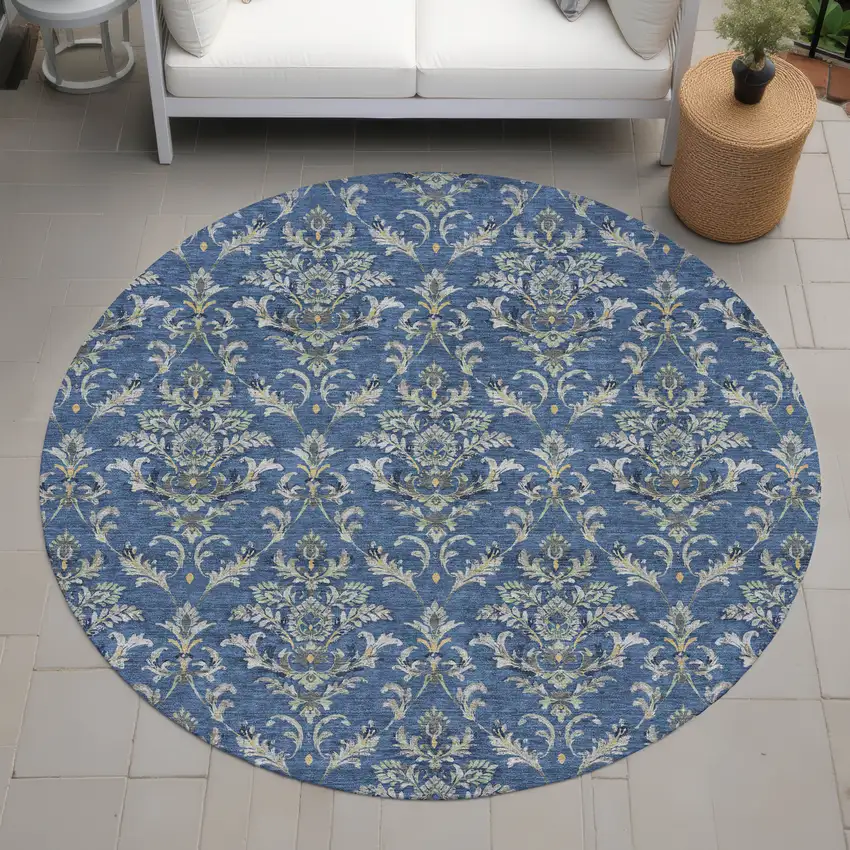 8' Navy Blue Wheat And Ivory Round Damask Washable Indoor Outdoor Area Rug Photo 8