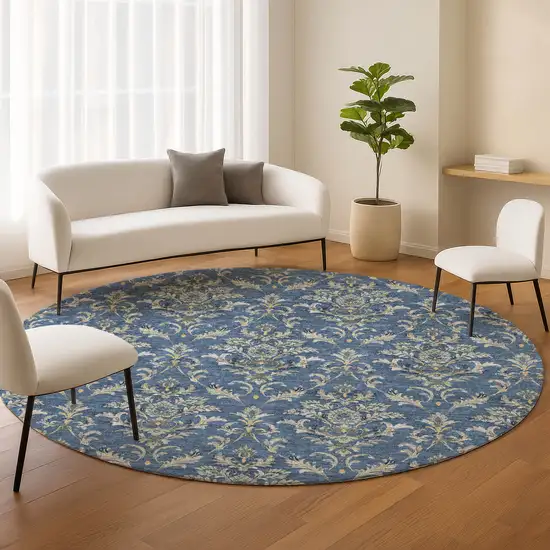 8' Navy Blue Wheat And Ivory Round Damask Washable Indoor Outdoor Area Rug Photo 9
