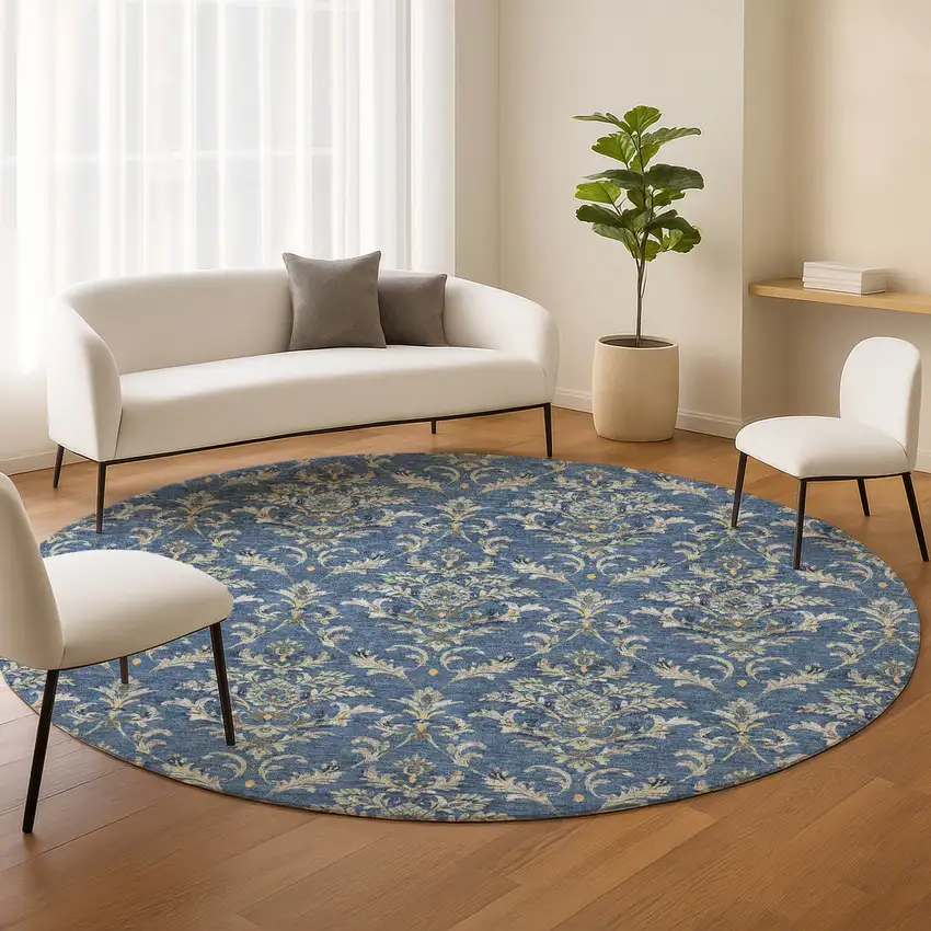 8' Navy Blue Wheat And Ivory Round Damask Washable Indoor Outdoor Area Rug Photo 9