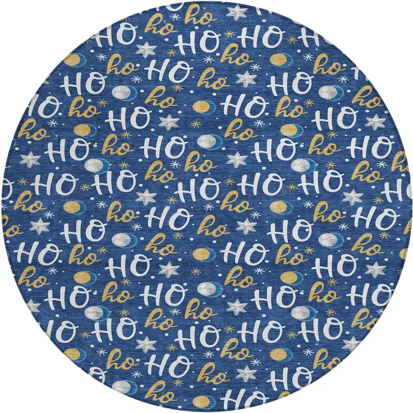 8' Navy Blue White And Gold Round Polka Dot Washable Indoor Outdoor Area Rug Photo 1