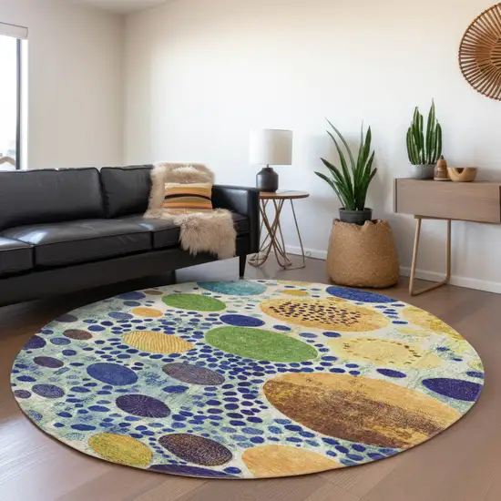 8' Navy Blue Yellow And Green Round Geometric Washable Indoor Outdoor Area Rug Photo 6
