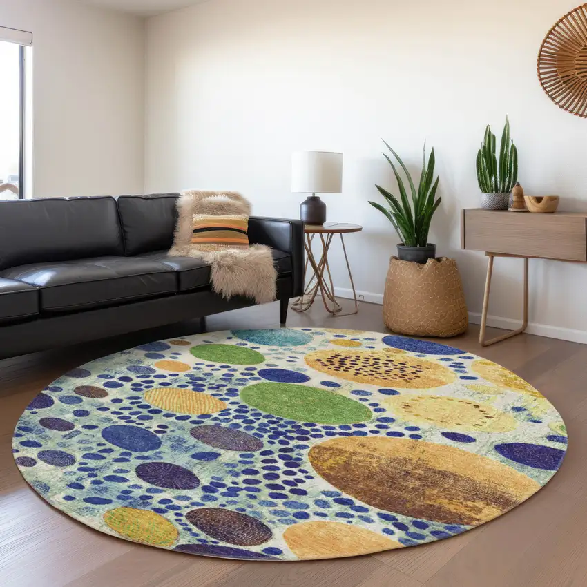 8' Navy Blue Yellow And Green Round Geometric Washable Indoor Outdoor Area Rug Photo 6