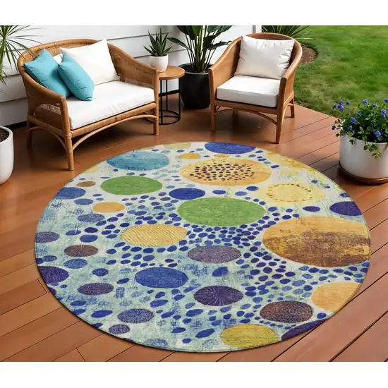 8' Navy Blue Yellow And Green Round Geometric Washable Indoor Outdoor Area Rug Photo 2