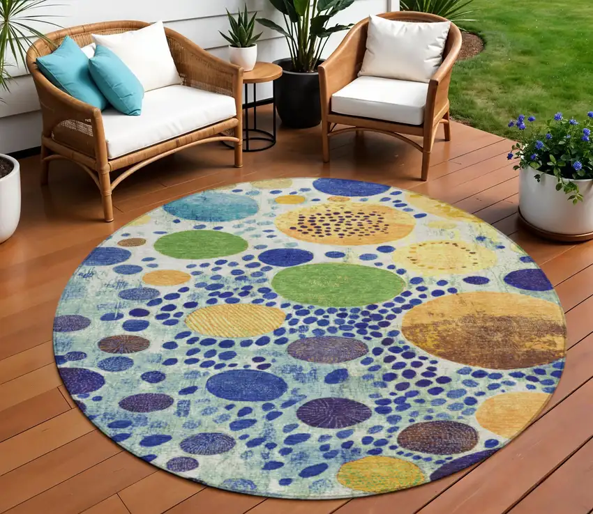 8' Navy Blue Yellow And Green Round Geometric Washable Indoor Outdoor Area Rug Photo 2