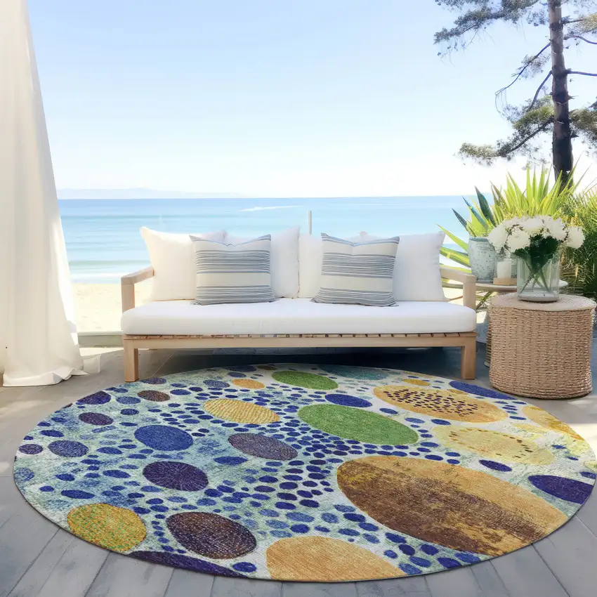 8' Navy Blue Yellow And Green Round Geometric Washable Indoor Outdoor Area Rug Photo 5