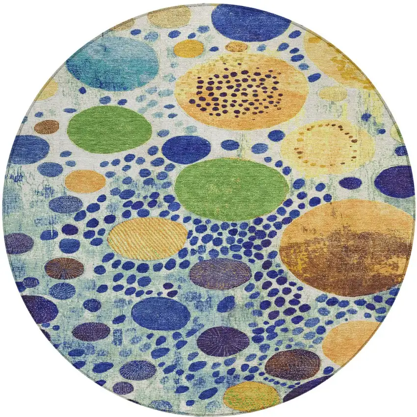 8' Navy Blue Yellow And Green Round Geometric Washable Indoor Outdoor Area Rug Photo 3