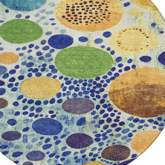 8' Navy Blue Yellow And Green Round Geometric Washable Indoor Outdoor Area Rug Photo 8