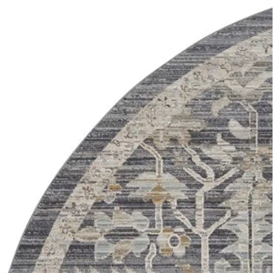 8' Navy Blue Yellow And Ivory Floral Distressed Round Rug With Fringe Photo 2