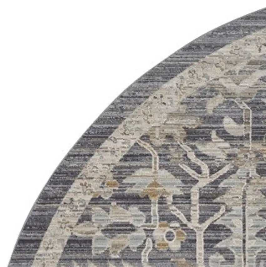 8' Navy Blue Yellow And Ivory Floral Distressed Round Rug With Fringe Photo 2