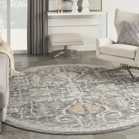 8' Navy Blue Yellow And Ivory Floral Distressed Round Rug With Fringe Photo 5