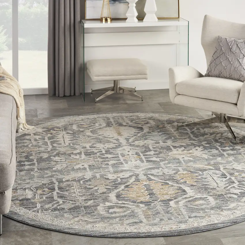 8' Navy Blue Yellow And Ivory Floral Distressed Round Rug With Fringe Photo 5