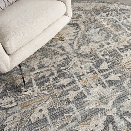 8' Navy Blue Yellow And Ivory Floral Distressed Round Rug With Fringe Photo 6