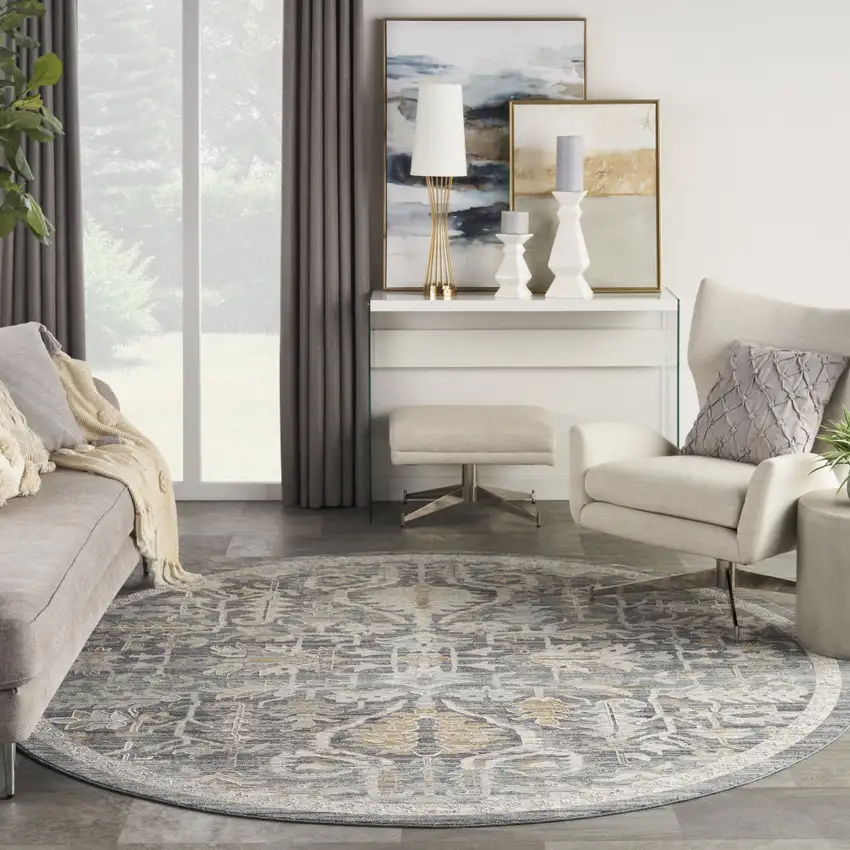 8' Navy Blue Yellow And Ivory Floral Distressed Round Rug With Fringe Photo 7