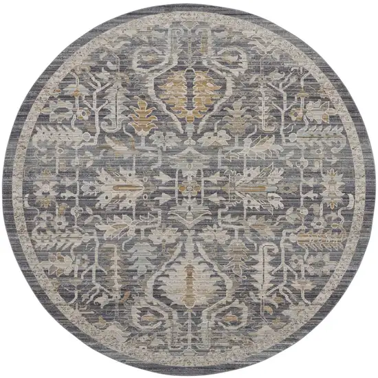 8' Navy Blue Yellow And Ivory Floral Distressed Round Rug With Fringe Photo 4