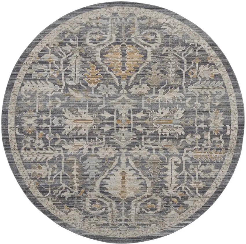 8' Navy Blue Yellow And Ivory Floral Distressed Round Rug With Fringe Photo 4