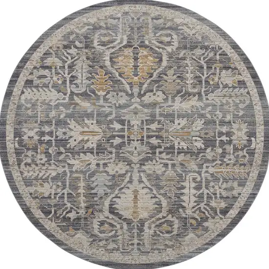 8' Navy Blue Yellow And Ivory Floral Distressed Round Rug With Fringe Photo 3