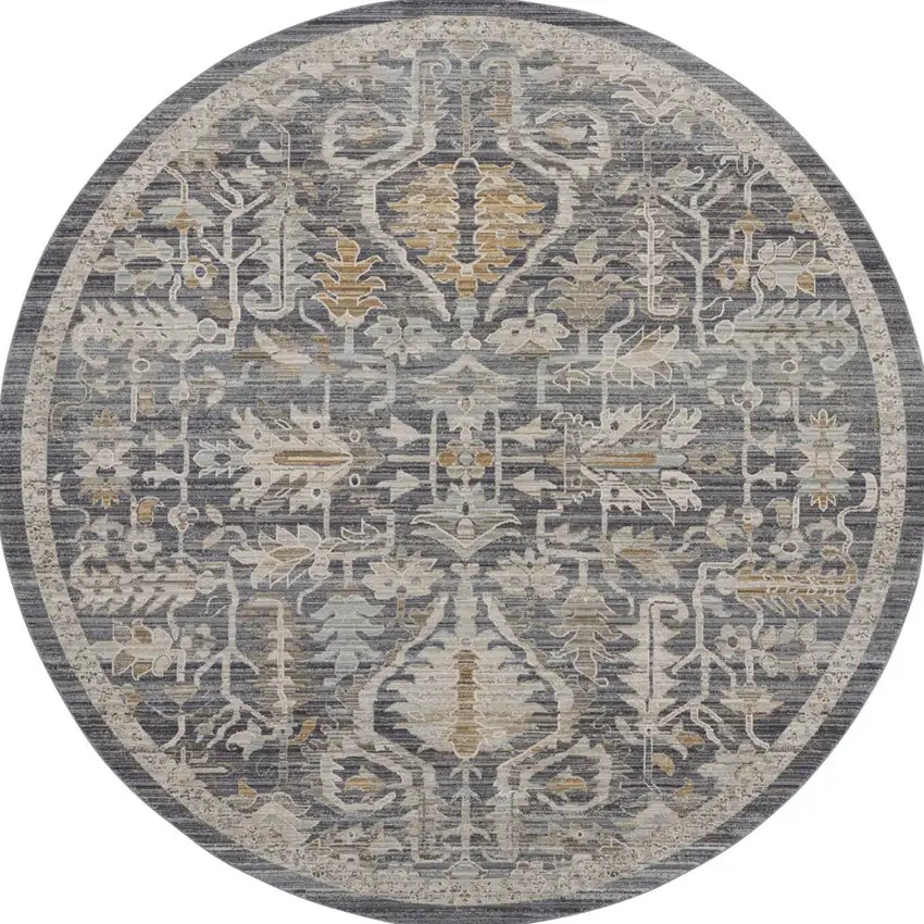 8' Navy Blue Yellow And Ivory Floral Distressed Round Rug With Fringe Photo 3
